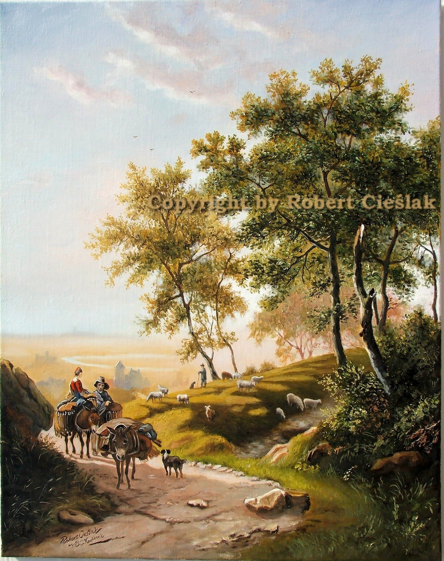 Cornelis Barend Koekkoek - Para pasterzy na leśnym słonecznym wzgórzu